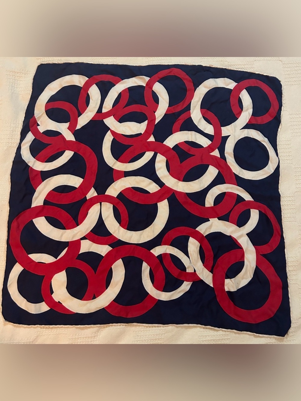 Vintage silk scarf with red and white ring rings on blue hand rolled sewn edges